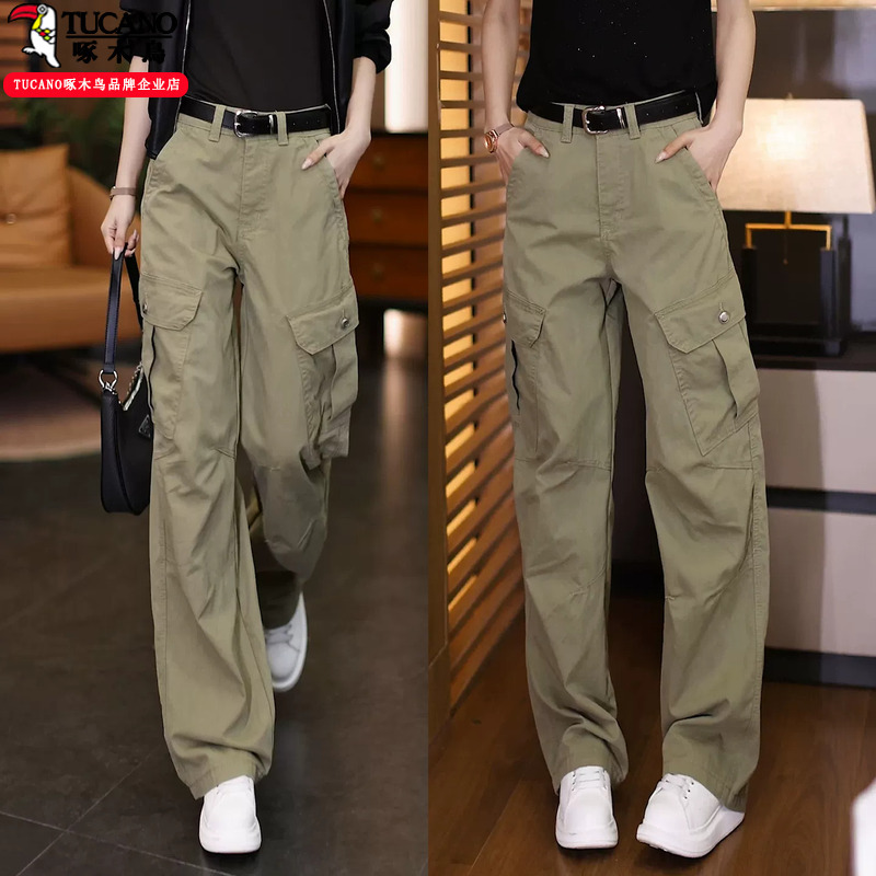 Woodpecker Workwear Style High-Waisted Wide-Leg Pants for Women, Summer Army Green Loose Straight Multi-Pocket Cool Casual Pants Woodpecker Workwear Style High-Waisted Wide-Leg Pants for Women, Summer Army Green Loose Straight Multi-Pocket Cool Casual Pants