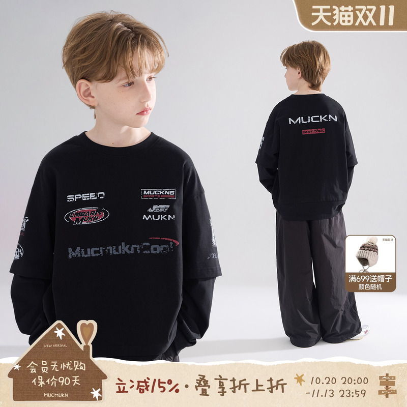 Mucmukn【Speed Player】7A Antibacterial Full Cotton Brushed Racing Trendy Print Fake Two-Piece T-Shirt for Boys 26 Autumn