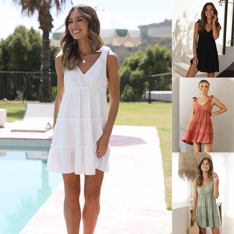 Cross-Border E-Commerce Aliexpress Amazon 2023 Spring New Hot-Selling Sexy Sleeveless Front and Back V-Neck Dress for Women