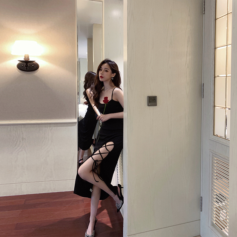 Summer wearing female high waist temperament appears thin medium and long skirt sexy shoulder leak back cross tie skirt