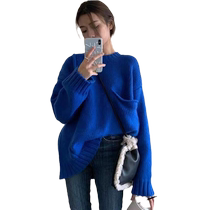Autumn and winter royal blue soft waxy sweater for women 2022 new style lazy style small pocket design niche thick woolen internet celebrity