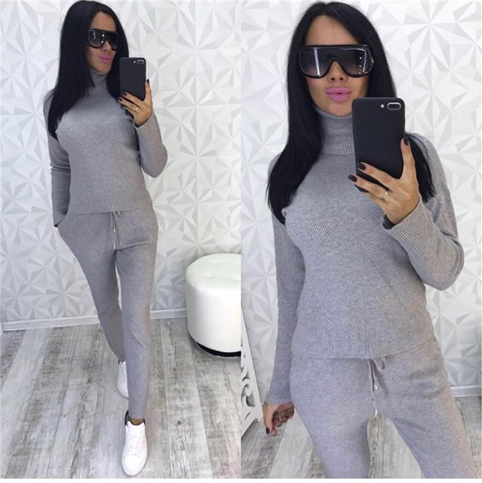 Knitted High Collar Top Trousers 2 Piece Set NSJXW105060