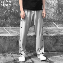 Summer breasted pants mens sports casual loose straight wide leg side buttons NBA training cba basketball thin ice silk