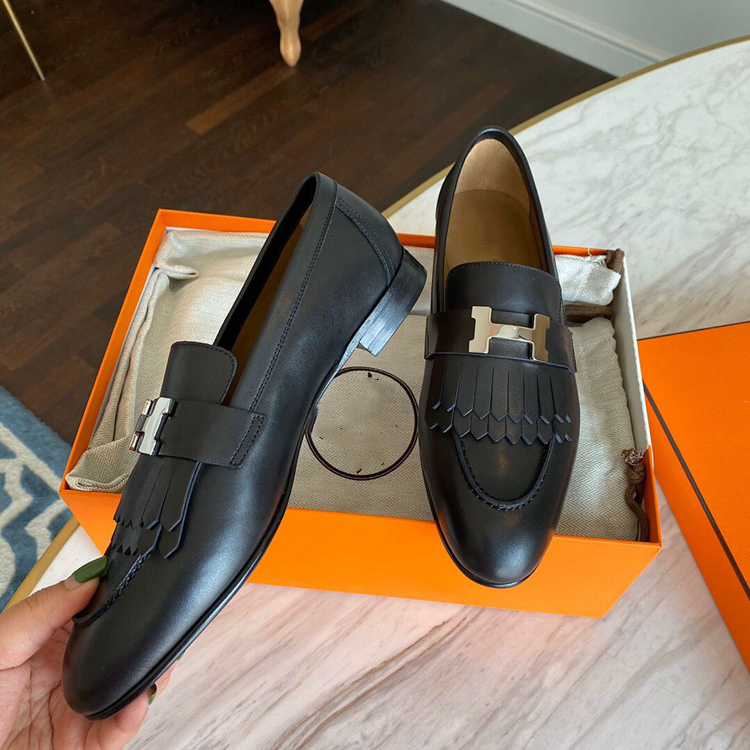 Black - TasselOriginal factory H buckle Flat bottom Retro Britain Women's Shoes h Carrefour shoes genuine leather Single shoes Versatile Casual shoes tassels Small leather shoes