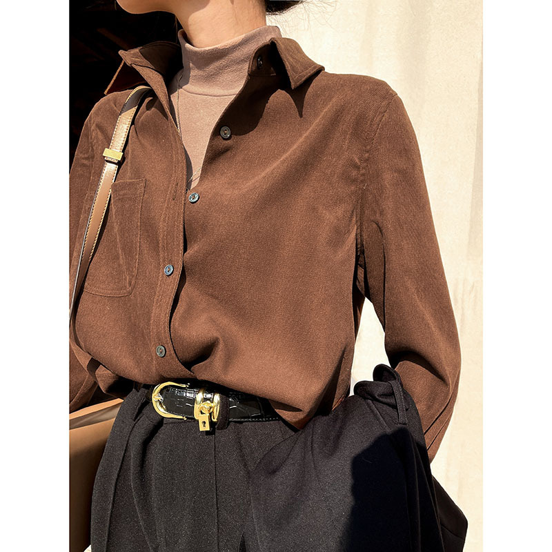 Vintage Brown Corduroy Shirt for Women, 2026 Autumn and Winter New Style, Layered Wear, Brushed Shirt, Thickened Top