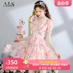 Alice 2024 Summer New-neck V-neck Printed Short Dress Women's Sweet Pink Mesh Lace Princess Dress