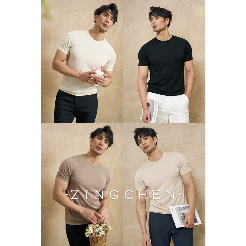 【Kangxinsi Cashmere】Zingchen Sweater-Style Short-Sleeved Crew Neck T-Shirt Men's Mulberry Silk Knitwear
