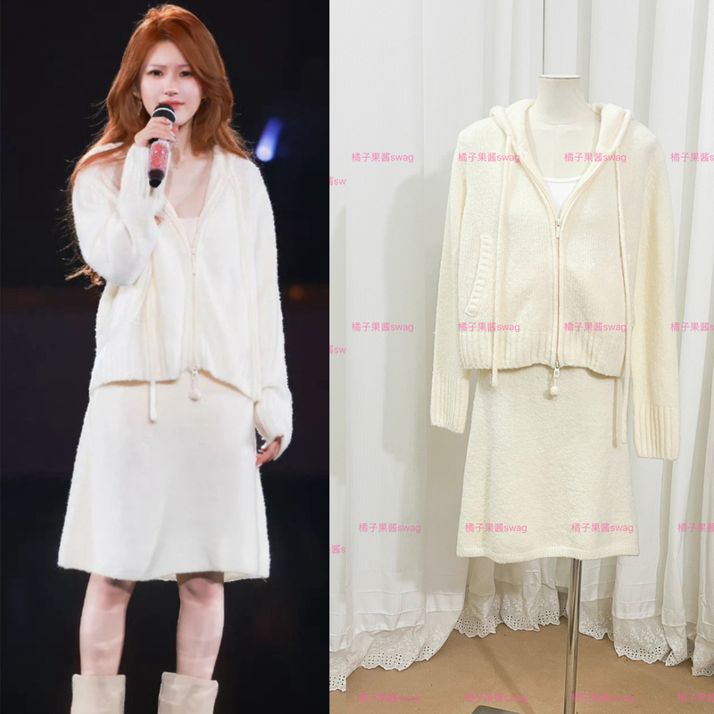 Zhao Lusi's Birthday Concert Same Style Off-White Bunny Ear Hooded Knitted Cardigan Sweater Jacket Women's Set Zhao Lusi's Birthday Concert Same Style Off-White Bunny Ear Hooded Knitted Cardigan Sweater Jacket Women's Set