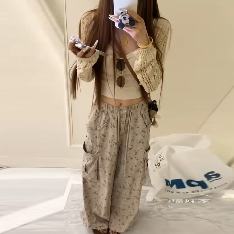새로운 느긋한 느슨함 센스 꽃무늬 워크웨어 와이드 레깅스 바지 얇은 스타일 홀로우 아웃 오픈 가디건 쇼트 스타일 슬립 슬림해 보이는 3종 세트 상세 이미지 4