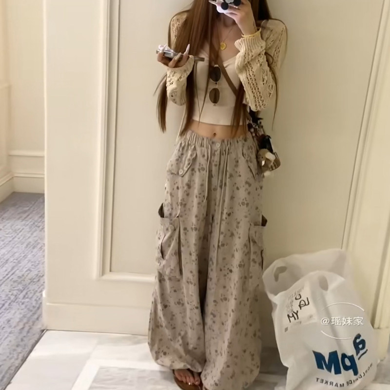새로운 느긋한 느슨함 센스 꽃무늬 워크웨어 와이드 레깅스 바지 얇은 스타일 홀로우 아웃 오픈 가디건 쇼트 스타일 슬립 슬림해 보이는 3종 세트 상세 이미지 6