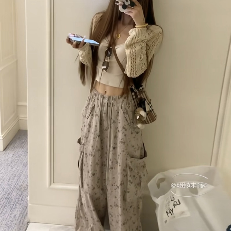 새로운 느긋한 느슨함 센스 꽃무늬 워크웨어 와이드 레깅스 바지 얇은 스타일 홀로우 아웃 오픈 가디건 쇼트 스타일 슬립 슬림해 보이는 3종 세트 상세 이미지 5