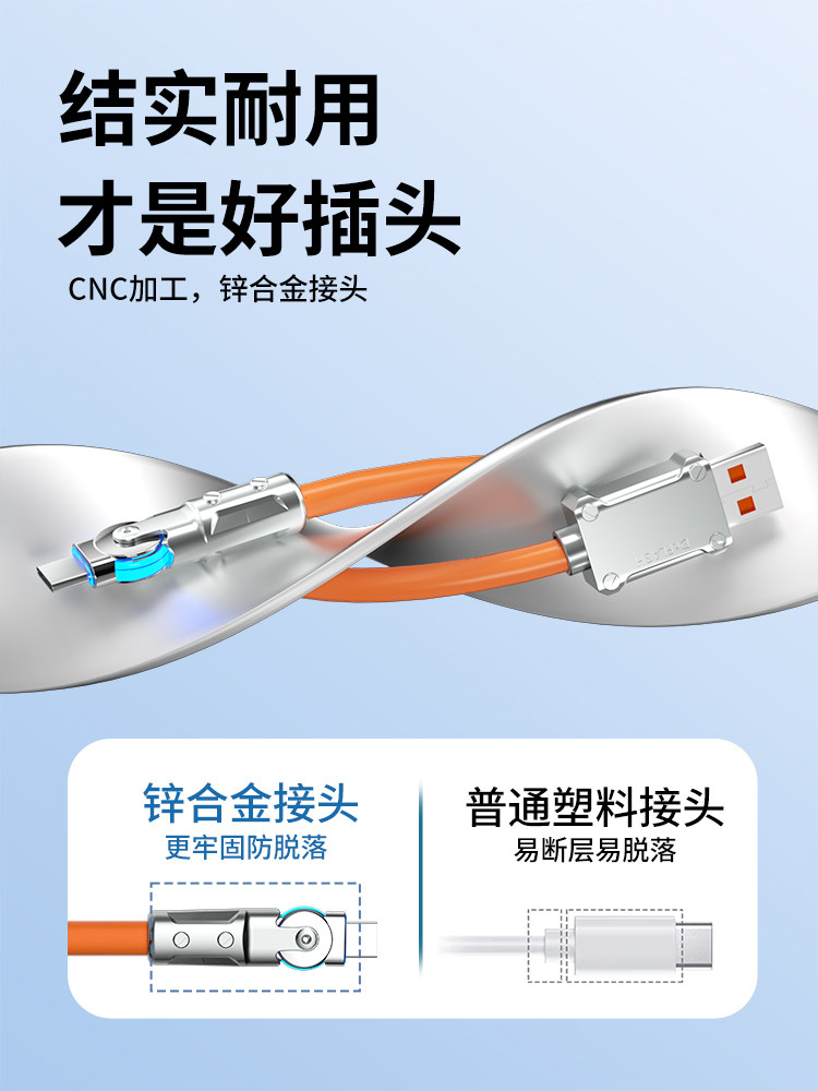 120W Data Cable Type-C Super Fast Charging Swivel Elbow Suitable for Apple 14, Huawei P30, Mate40, Honor iPhone 13, Xiaomi Mobile Phone Charging Cable, Vivo, Android, Oppo, Non-Blocking Cable