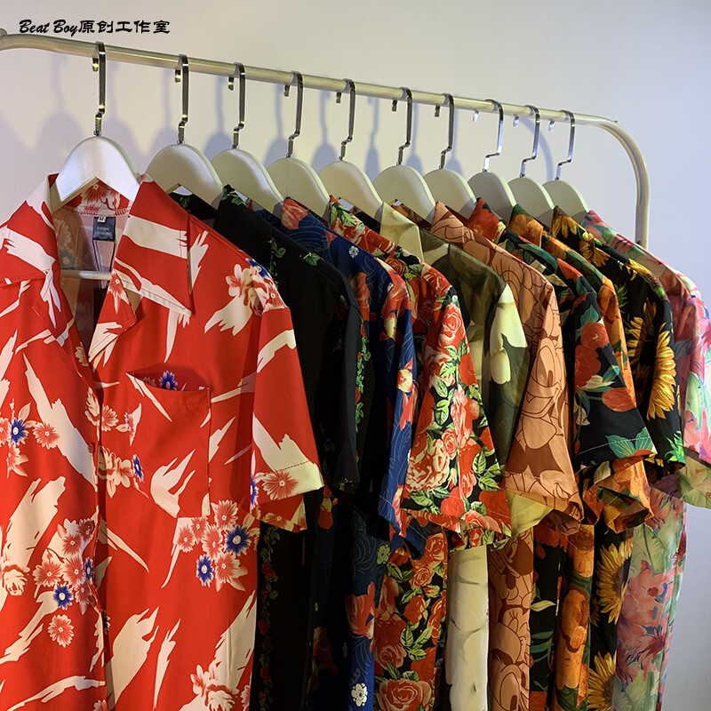 Bkpp Ouer Same Style Red Hibiscus Flower Shirt for Men and Women, Thai Aloha Hawaiian Hong Kong Style Short-Sleeved Shirt for Summer