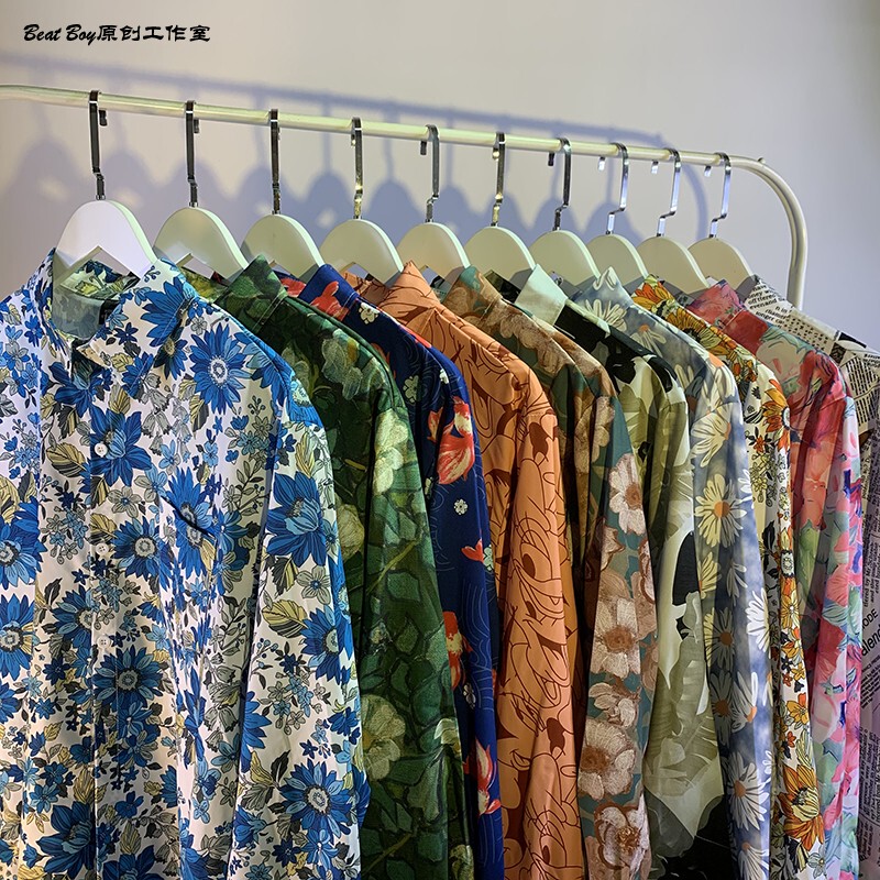 Aloha Retro Full-Print Long-Sleeved Floral Shirt for Men, Niche Vintage Style, Preppy and Nostalgic 80S Hong Kong Style Shirt for Women