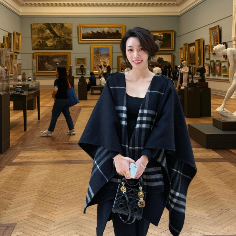 Xu Rui Zhi* Zhang Jingyi's Same Style Black and Camel Plaid Cape-Style Woolen Scarf Shawl Coat for Women