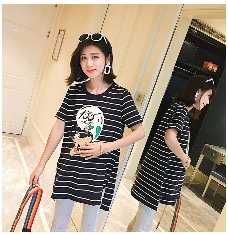 Thai sản váy mùa hè ngắn tay T-Shirt dài thời trang mùa hè 2018 new loose sọc cotton thai sản áo sơ mi