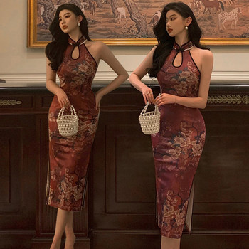 2022 new retro improved version of cheongsam skirt sexy hollow hanging neck bag hip skirt color high-end dress