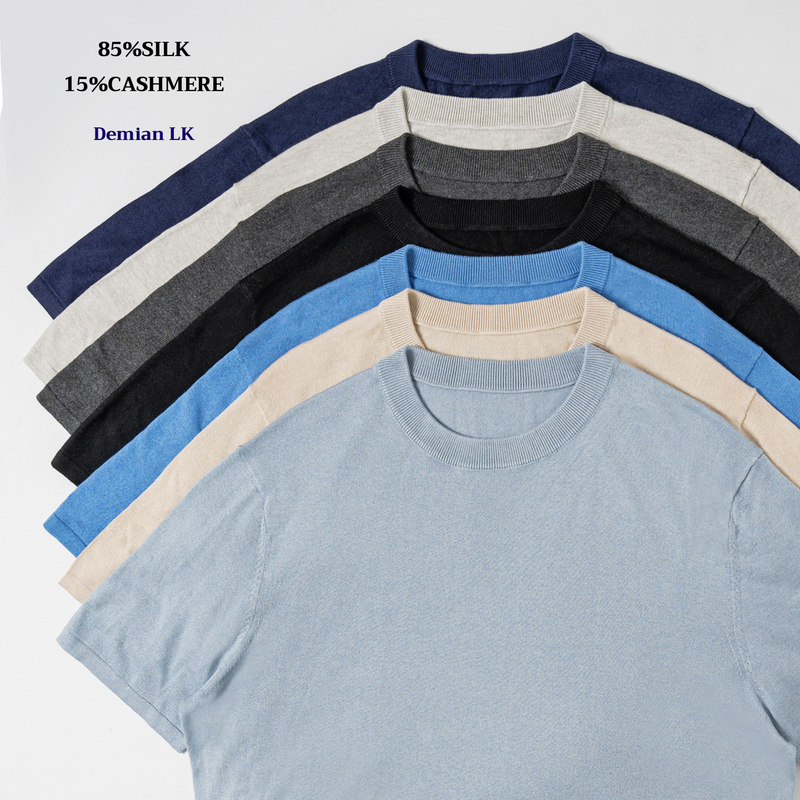 Demian's Genuine Workmanship, Extremely Soft Men's High-End High-Count Mulberry Silk and Cashmere Blend Knitted Round-Neck Short-Sleeve T-Shirt
