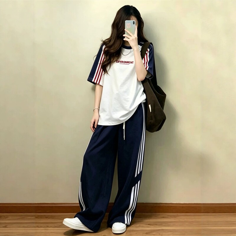 Korean Fashion Casual Sports Suit for Women, Summer Loose Short-Sleeved T-Shirt and Wide-Leg Pants Two-Piece Set for Middle and High School Students
