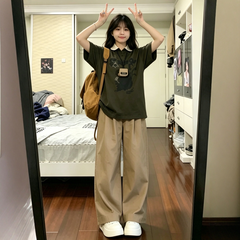 College-Style Casual Sportswear Suit for Women in Summer, Loose-Fitting Pure Cotton Short-Sleeved Wide-Leg Pants Two-Piece Set for Middle and High School Students