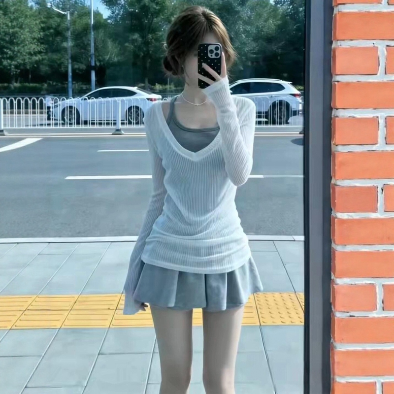 Gorgeous Casual Sports Suit for Women, Summer Korean Style, Lazy Style, White Sun Protection Cover-Up, Suspender Skirt, Three-Piece Set