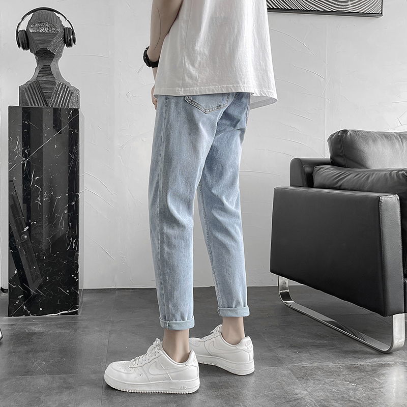 Summer thin light nine-point jeans loose men's tide Han Edition trend mended pipe pants