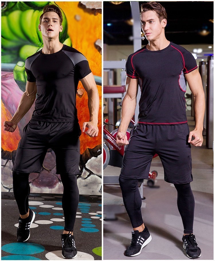 Mùa xuân và mùa hè quần áo yoga phù hợp với nam giới phòng tập thể dục chạy thể thao mùa hè ngắn tay thể dục nhịp điệu Yu Jia quần áo quần áo tập gym nam