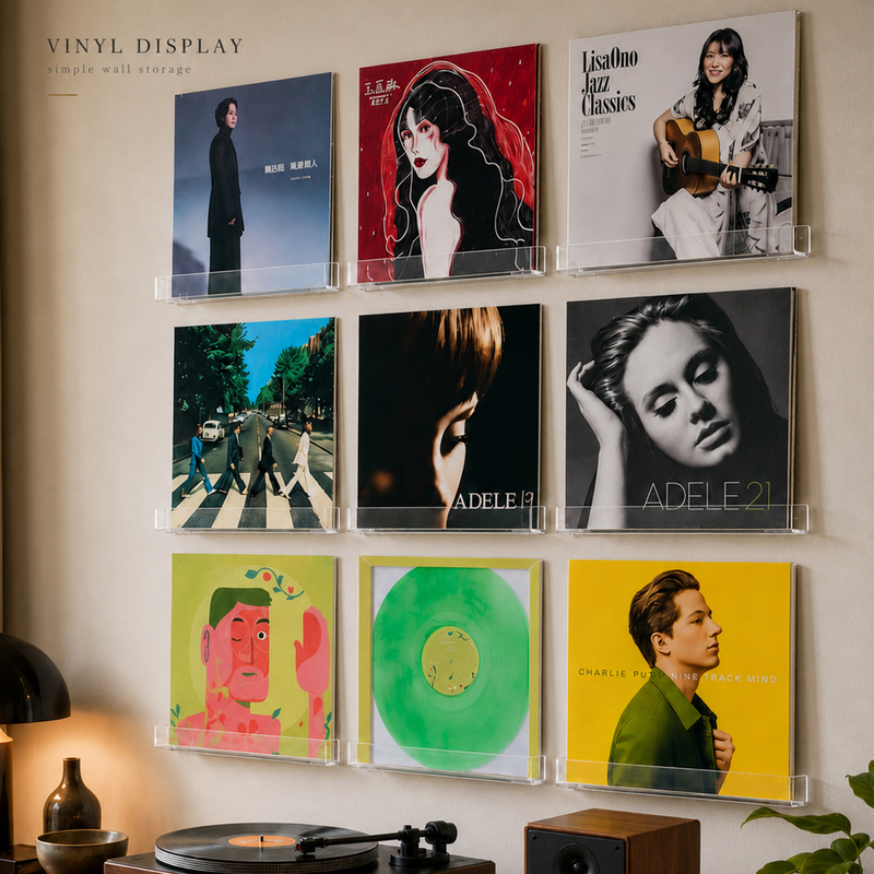 Vinyl Record Storage and Display Rack, No-Drill Acrylic Wall-Mounted Cd Album Lp Storage 12inch Transparent Stand