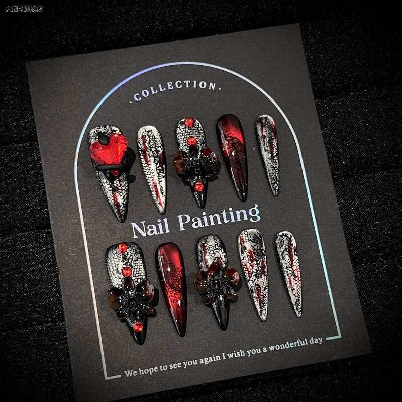 Halloween Dark Gothic Style Nail Art with Burgundy Color Combination, Heart-Shaped Rhinestones, European and American Hot Girl Sweet Cool Long Pointed Nail Stickers