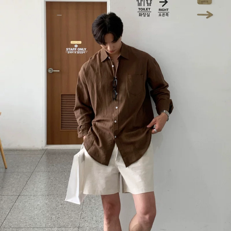 Old Money Style Brown Cotton and Linen Shirt for Men, Long-Sleeved, Thin, Breathable, Sun-Protective, Casual, Loose-Fitting Shirt for Summer Old Money Style Brown Cotton and Linen Shirt for Men, Long-Sleeved, Thin, Breathable, Sun-Protective, Casual, Loose-Fitting Shirt for Summer