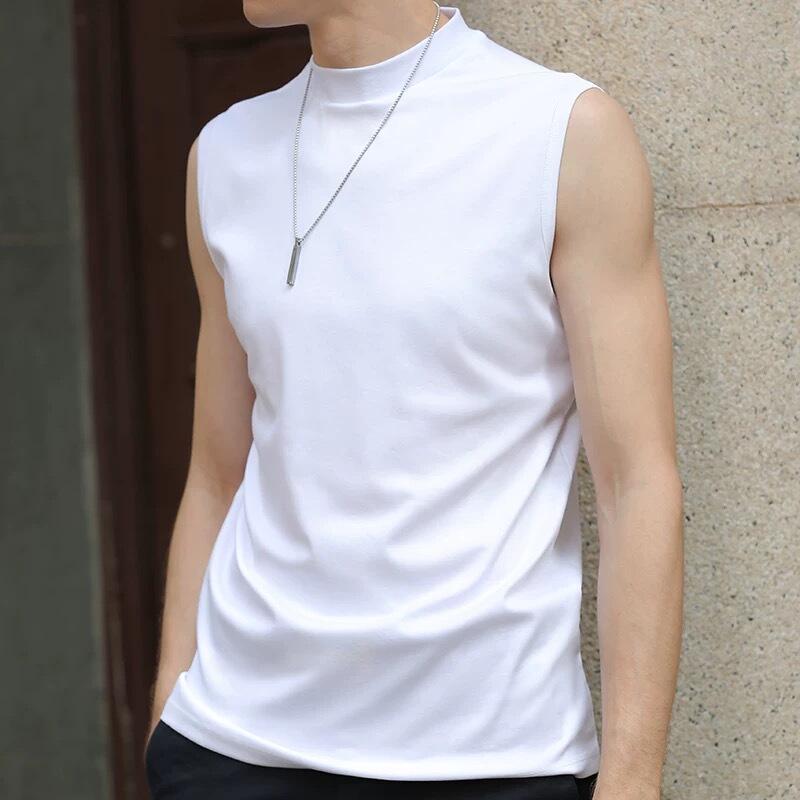 American-Style Ice Silk Half-High Collar Vest for Men, Summer Thin Sleeveless T-Shirt, Suit Base Layer, Solid Color Sports Undershirt