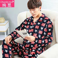 Mùa xuân và mùa thu san hô lông cừu nam đồ ngủ phần mỏng mùa xuân và mùa thu flannel mùa đông dày mùa đông dịch vụ nhà phù hợp - Nam giới đồ ngủ nam hàn quốc