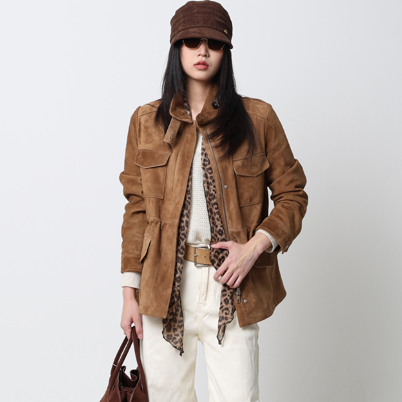 2026 Spring New Traveler Leather Jacket Imported Goat Suede Genuine Leather Stand Collar Old Money Style Coat for Women