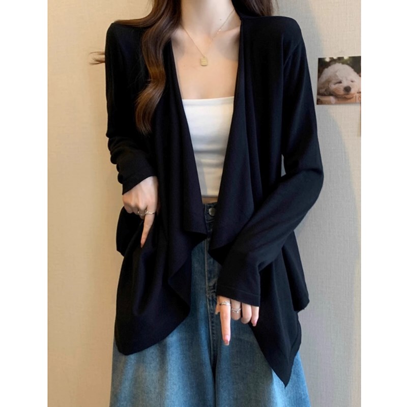 Black V-Neck Ice Silk Knitted Jacket for Women, Spring and Summer Thin Mid-Length Asymmetrical Outer Shawl Sun Protection Cardigan