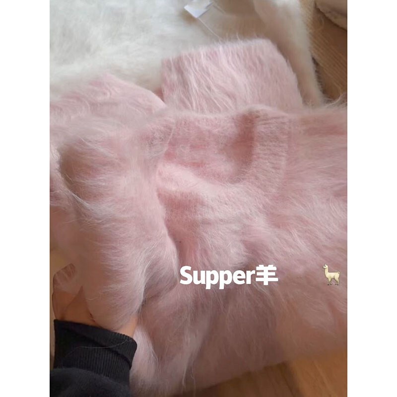 Fufu Lazy Style Pink Mink Velvet Sweater for Women, Autumn and Winter Thickened Design, Mohair Knit Top for Outerwear