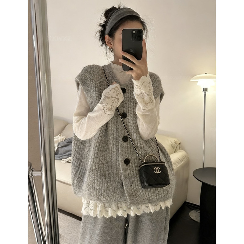 Lazy Style Apricot Mohair Knitted Vest for Women, Autumn and Winter Outerwear Sweater Cardigan Layered over a Sleeveless Top