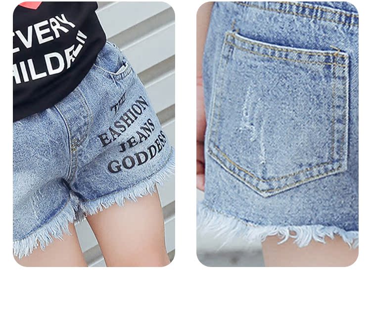 2018 mùa hè lỗ quần short denim trẻ em mới của trẻ em lớn hoang dã rửa sạch tóc bị hỏng cô gái nóng quần thủy triều