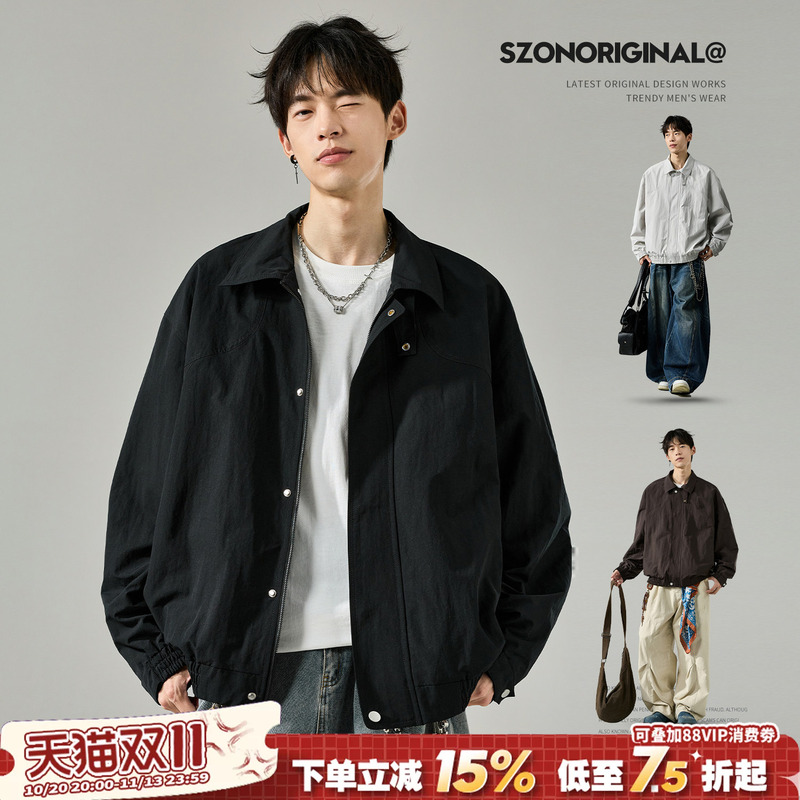 Men's American Retro Detroit Workwear Lapel Jacket, Autumn Outdoor Solid Color Casual Versatile Windbreaker