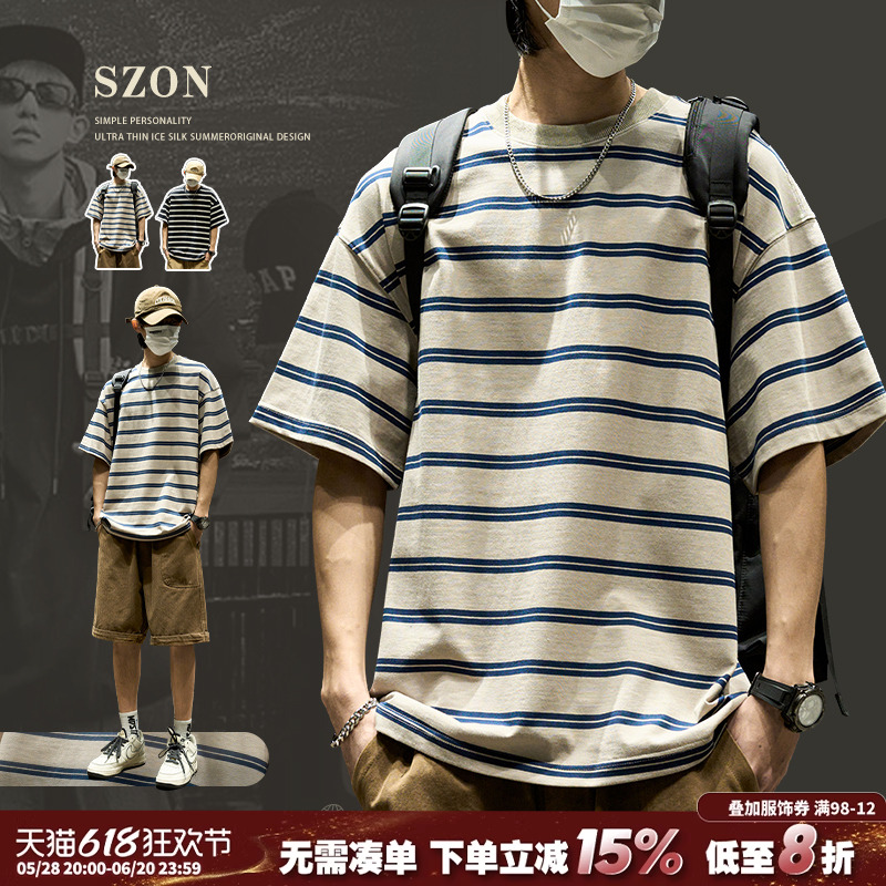 ストライプTシャツメンズ2025新しいアメリカのトレンドブランド純綿ラウンドネック半袖ゆったりカジュアル香港スタイル半袖ins夏