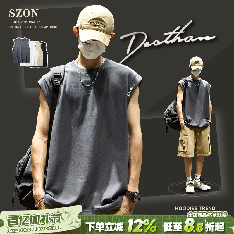 American Style Vest for Men, Summer Trendy Brand ins Basketball Sports Loose Sleeveless T-Shirt for Men, Fitness Outerwear, Pure Cotton Vest