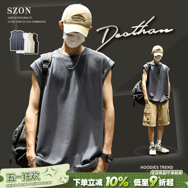 American Style Vest for Men, Summer Trendy Brand ins Basketball Sports Loose Sleeveless T-Shirt for Men, Fitness Outerwear, Pure Cotton Vest