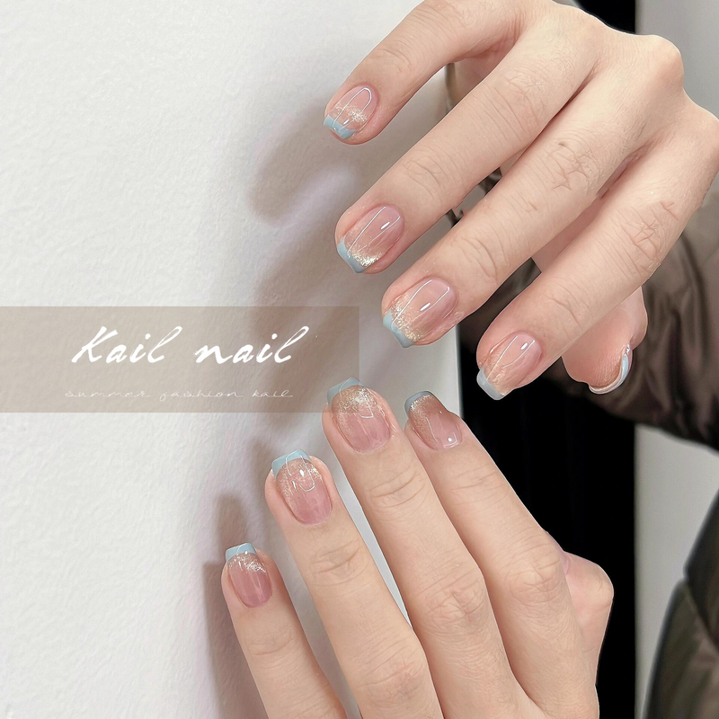 Kailnail Handmade Nails Cat Eye Blue French Style Cute and Gentle Summer Whitening Removable Short Nail Patches Kailnail Handmade Nails Cat Eye Blue French Style Cute and Gentle Summer Whitening Removable Short Nail Patches