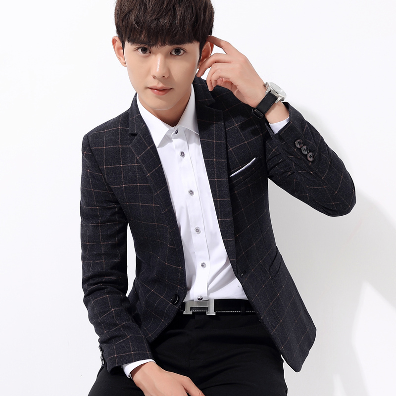 Men's Spring and Autumn Casual Suit, Korean Style Slim Fit Youth Top, Stylish Trendy Plaid Blazer, British Style Jacket