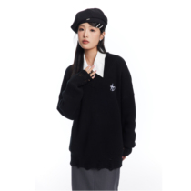 ATMOAOSU Black Youth Advanced Sensation Breaking Hole Embroidered V Collar Sweater Woman LAZY WIND COVER Knitted Cardigan