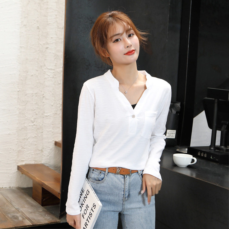 Long-sleeved V-neck T-shirt women's 2021 spring and autumn new Korean version pure cotton wild top white slim thin base shirt tide