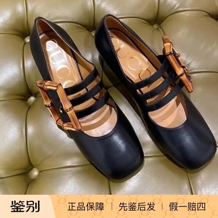 2024 Size 37/39 Gucci Women's Bamboo Buckle Black Square-Toe Chunky Heel High Heels Retro Style