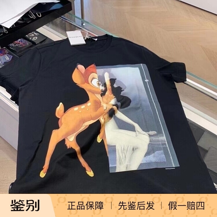 0202 In-Stock Givenchy Unisex Black Trendy Versatile Deer Print Short-Sleeve T-Shirt Size m