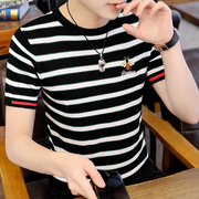 Ice lụa ngắn tay áo len nam Hàn Quốc phiên bản của mặc sọc dây váy mùa hè nửa tay áo T-shirt xu hướng áo len áo len.