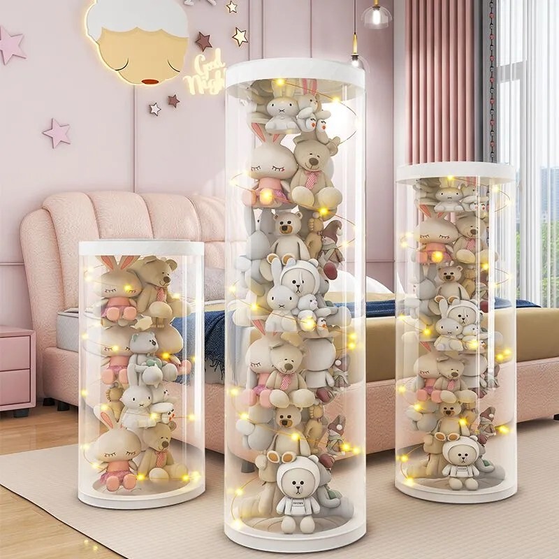 Doll Storage Bucket Box ins Cute Plush Toy Transparent Cylindrical Doll Figurine Pulley Rotating Storage Tube