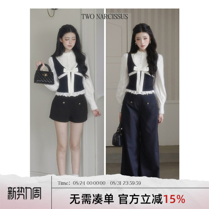 Two Narcissus Rich Girl 26F Color-Block Bow Vest Women's Long-Sleeve Shirt Lace Trim Knit Top